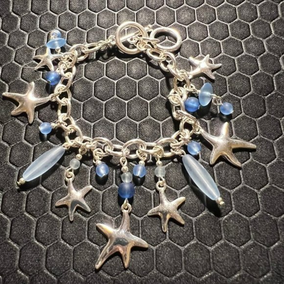 Star Fish Silver with Blue Sea Glass Charm Bracelet18K White Gold Plated - Picture 1 of 1